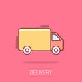 Vector cartoon truck, car icon in comic style. Fast delivery service shipping sign illustration pictogram. Car van business splash Royalty Free Stock Photo