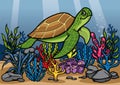 Cartoon turtle underwater with beautiful coral Royalty Free Stock Photo