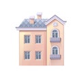Vector cartoon two storied pink house with gray tile roof.