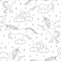 Vector cartoon unicorn seamless pattern on white background. Magical creatures outline with stars, moons and clouds.