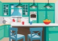 Vector Cartoon volumetric illustration of cozy vintage retro kitchen interior. Royalty Free Stock Photo