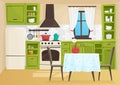 Vector cartoon volumetric illustration of vintage retro kitchen interior.