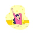 Vector Cartoon Waking Up Girl in Bright Pink Pajamas Smiling, Fresh Morning, Good Morning Wake Up Concept After Sleep