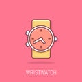 Vector cartoon watch icon in comic style. Clock sign illustration pictogram. Timer business splash effect concept