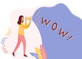 Vector cartoon woman holding a megaphone in her hands and says wow