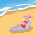 Vector cartoon woman lies on deckchair sandy beach