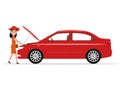 Vector cartoon woman opened hood of the automobile