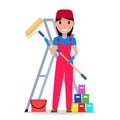 Vector cartoon woman painter with tools painting