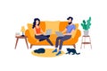 Vector Cartoon Working Family on Yellow Sofa, Bright Colorful Man and Woman Using Laptops, Online Messaging Concept.