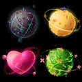 Vector cartoon worlds set. Alien, cheese, plants, love planets illustration. Cosmic, space elements for game design. Royalty Free Stock Photo