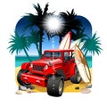 Vector cartoon 4x4 car on beach Royalty Free Stock Photo