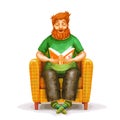 Vector cartoon yellow armchair with young man reading a book Royalty Free Stock Photo