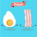 Vector cartoons of comic characters bacon and eggs. Friends forever. Breakfast