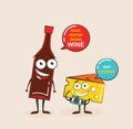 Vector cartoons of comic characters bottle of wine and cheese. Cartoon face food emoji. Funny food concept.
