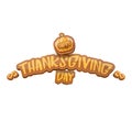 Vector cartoot Happy Thanksgiving day holiday label witn greeting text and orange pumpkin on white background. Cartoon Royalty Free Stock Photo