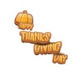 Vector cartoot Happy Thanksgiving day holiday label witn greeting text and orange pumpkin on white background. Cartoon Royalty Free Stock Photo