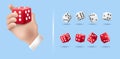 Vector Casino Dice Set of Authentic Icons. Vector rolling red dice set isolated on blue background. 3d Board Game Pieces Royalty Free Stock Photo