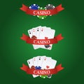 Vector casino elements: ribbon, playing cards, dices and chips