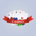 Vector casino illustration with ribbon, playing cards, dices Royalty Free Stock Photo