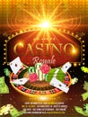 Vector Casino night flyer illustration with gambling design elements and shiny neon light lettering on light background.