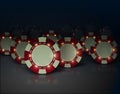 Vector casino poker chips with luminous lights elements. Dark background, glossy surface. White and red color. Group of objects Royalty Free Stock Photo