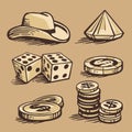 Vector casino symbols and stetson. Set vintage handmade illustration.