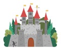 Vector castle icon isolated on white background. Magic kingdom picture. Big medieval stone palace with towers, flags, gates, trees Royalty Free Stock Photo