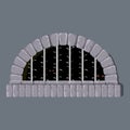 Vector castle medieval dungeon scared window with strong grunge steel and monster red eyes in darkness inside. Castle prison