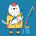 Vector cat fisherman and his catch