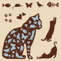Vector cat themed silhouettes, cats and what they love