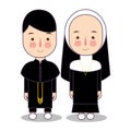 Vector Catholic priest and nun character cartoon standing. Vector religion spiritual uniform.