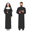 Vector Catholic priest and nun holding cross rood. Royalty Free Stock Photo