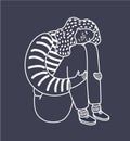 Vector catoon illustration of sad girl sitting and unhappily hugging her knees and cry. Woman in depression. Royalty Free Stock Photo