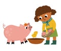 Vector cattle breeder icon. Farmer girl feeding animals. Cute kid doing agricultural work. Rural country scene. Child with cute Royalty Free Stock Photo