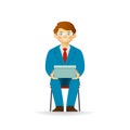 Vector caucasian man character in business suit sitting on chair and holding box