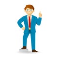 Vector caucasian man character in business suit standing in explaining pose