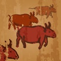 Vector Cave Drawing Illustration - Herd of Cows. Primitive Arts.