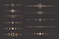 Vector celestial golden border set with stars, moon phases, crescents and dots. Collection of shiny magical isolated clipart