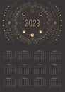 Vector celestial vertical year 2023 calendar with golden magical ornate radial circles, moon phases, number and stars