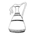 Vector ceramic jug of olive oil with drops, Hanukkah symbol of miracle black and white Illustration