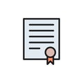 Vector certificate, signed document flat color icon.