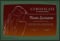 Vector certificate template in brown color with green frame and woman silhouette