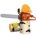 Vector Chainsaw with Helmet and Birch Firewood