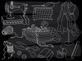 Vector Chalkboard Sewing Set. Vector set of sewing elements on blackboard background.