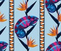 Vector chameleons and exotic birds pattern. Ethnic seamless pattern ornament. Vector pattern.