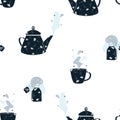Vector Chamomile Tea Set on White seamless pattern background. Perfect for fabric, wallpaper and scrapbooking projects.
