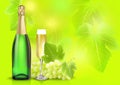 Vector champagne bottle, glass and grape on summer blur background. Created with gradient meshes.