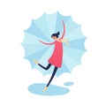 Vector character autumn illustration. Flat happy female in red coat with scarf and umbrella dancing in rain isolated on white