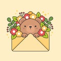 Vector character of cute bear in an envelope with flowers and leaves Royalty Free Stock Photo