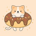 Vector character of cute cat in a chocolate doughnut